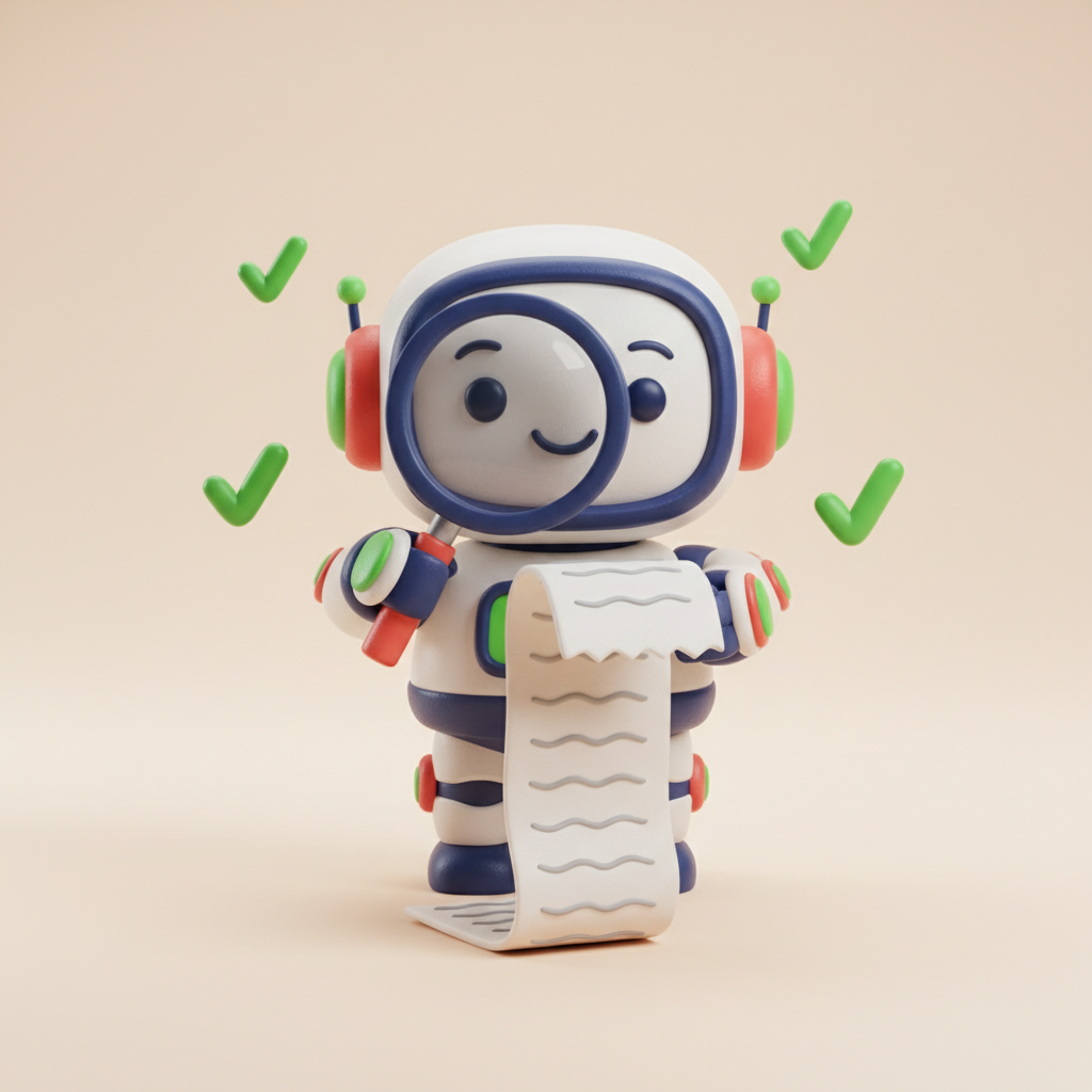 Clay-Illustration: giveroo-Bot prüft einen Kassenbon