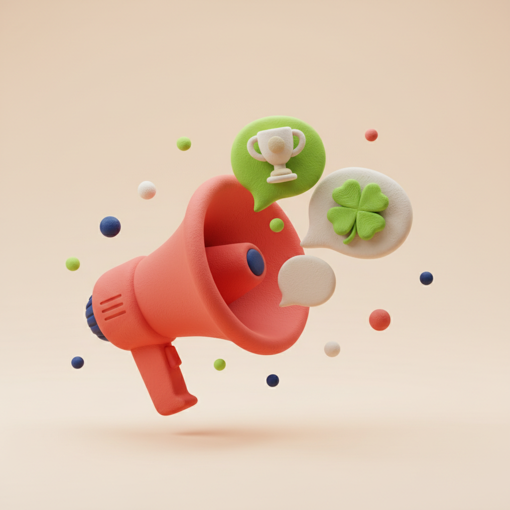 Clay-Illustration: Megafon mit Chat-Blasen, Pokal und Glücksklee