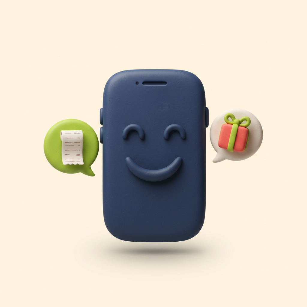 Clay-Illustration: freundliches Smartphone mit Chat-Blasen, Kassenbon und Geschenk